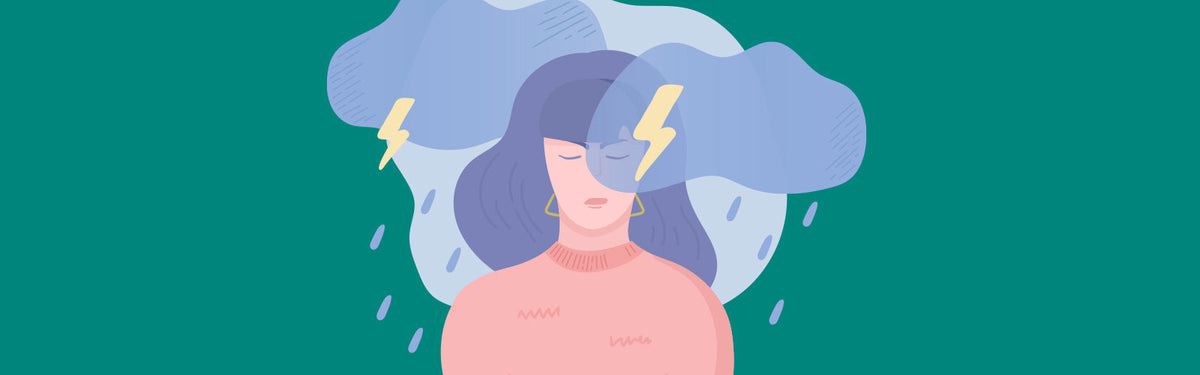 cartoon style woman with thunderstorm around her